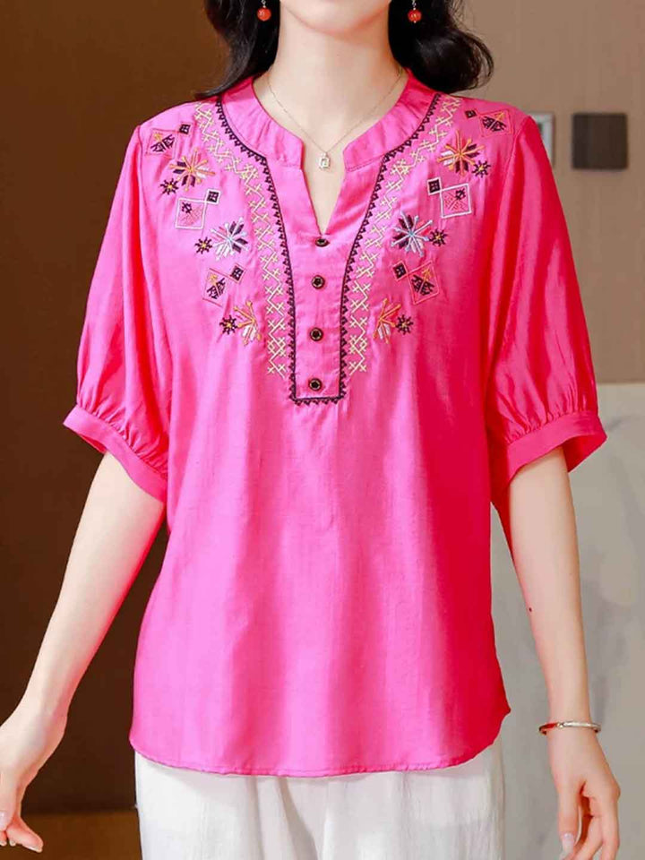 Hailey Loose V-Neck Puff Sleeve Embroidered Top