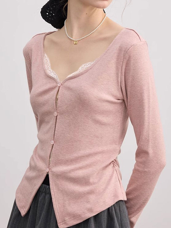 Chloe Slim V-Neck Solid Color Lace Top