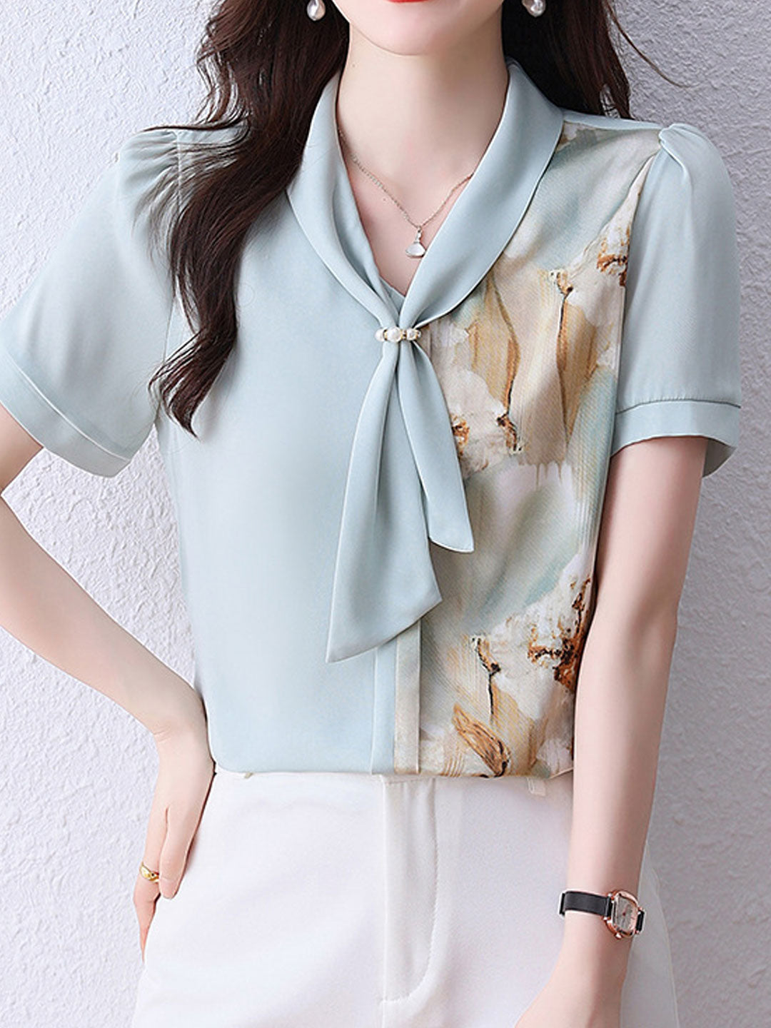Sophia Daily Bow-Neck Printed Chiffon Top