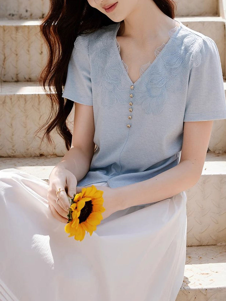 Trinity Vintage V-Neck Mesh Stitching Top