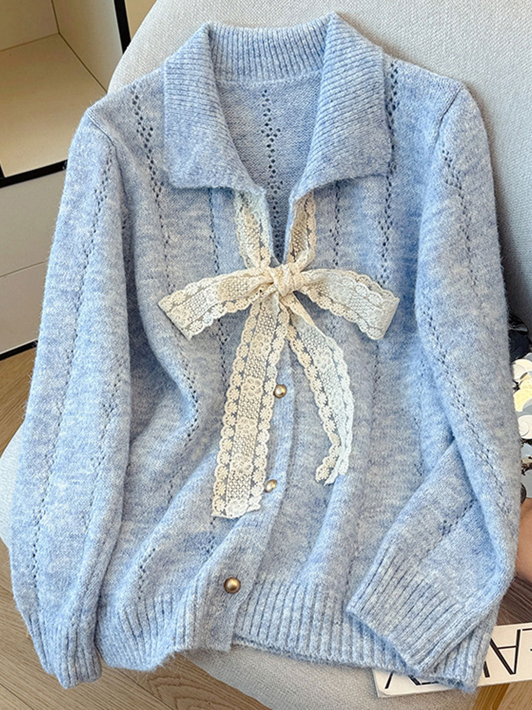 Brianna Retro Lapel Hollowed Lace Knitted Cardigan