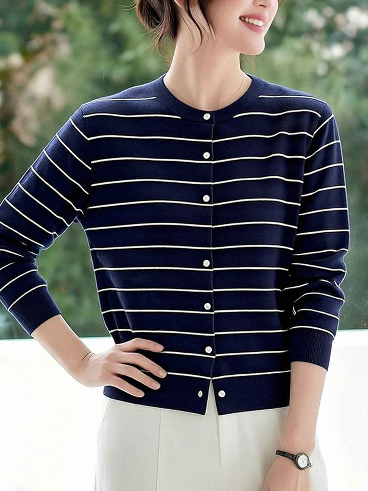 Abigail Classic Crew Neck Striped Knitted Cardigan