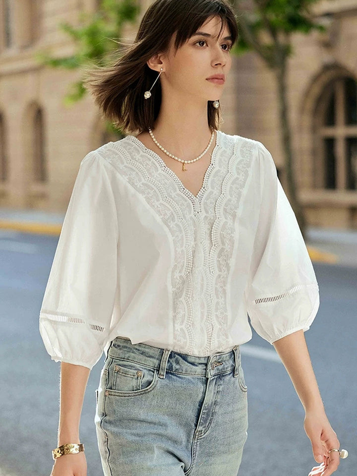 Sofia Vintage V-Neck Lace Patchwork Top