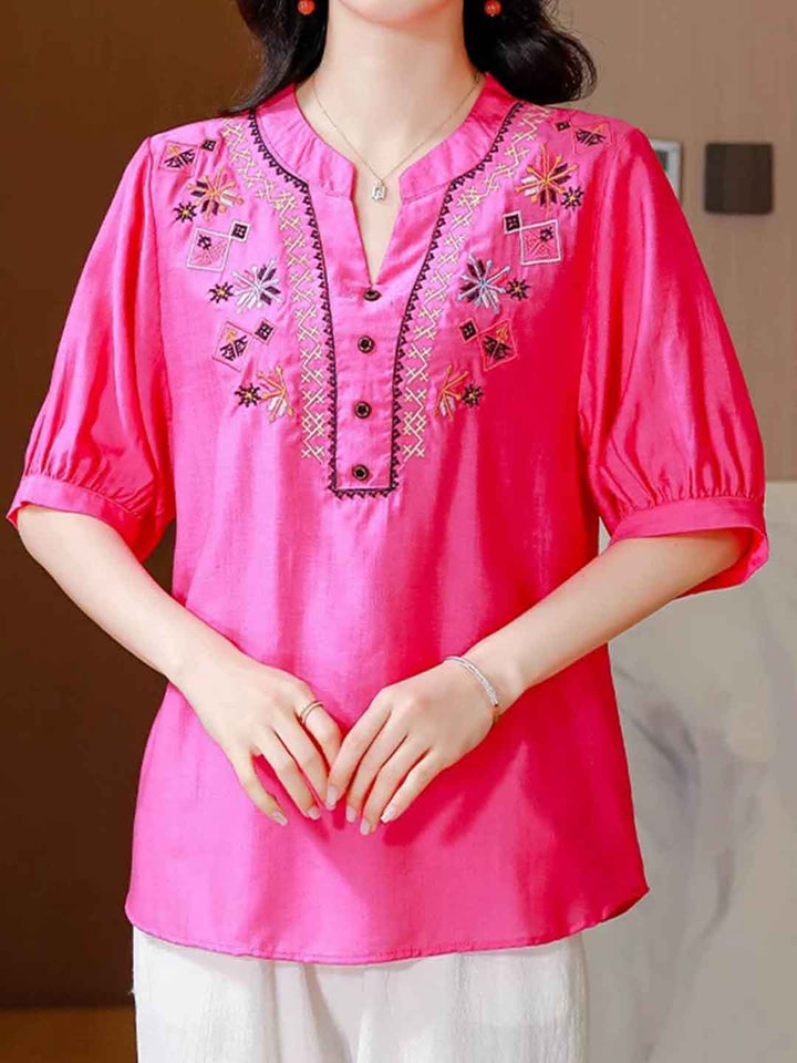 Hailey Loose V-Neck Puff Sleeve Embroidered Top