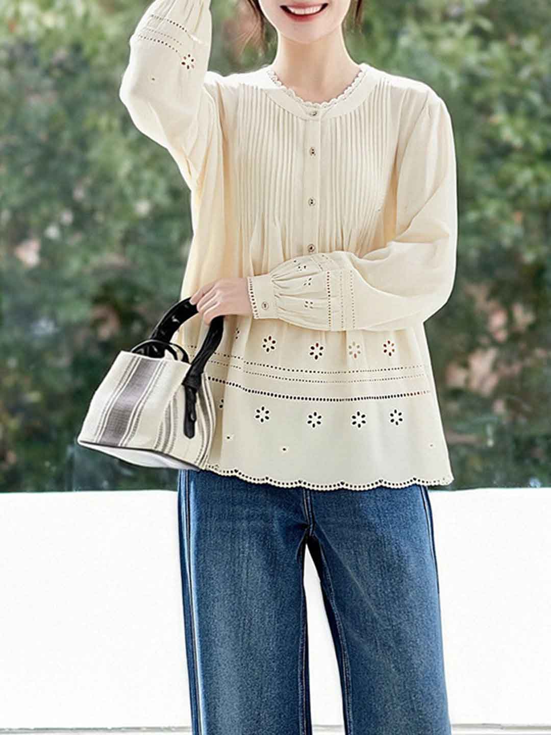 Madison Daily Crew Neck Crochet Accordion Pleated Top