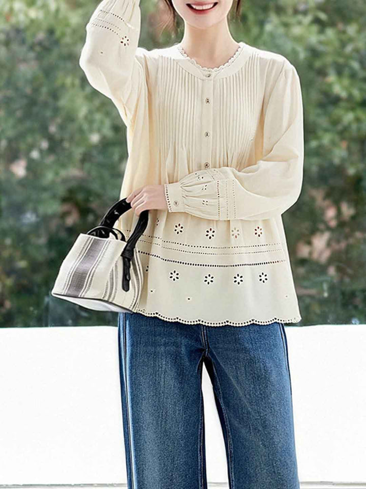 Madison Daily Crew Neck Crochet Accordion Pleated Top