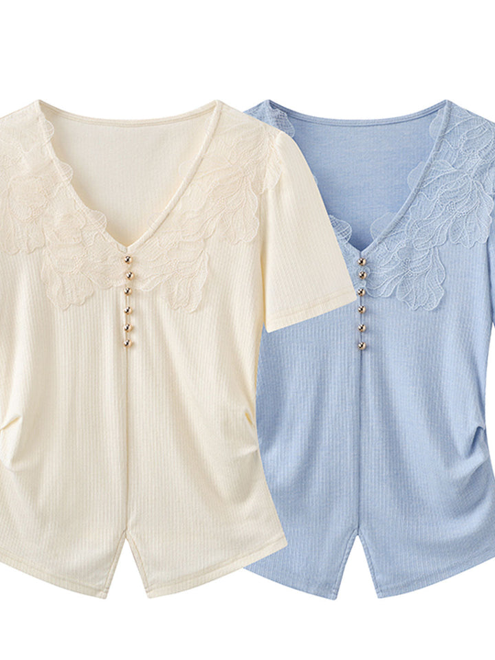 Trinity Vintage V-Neck Mesh Stitching Top