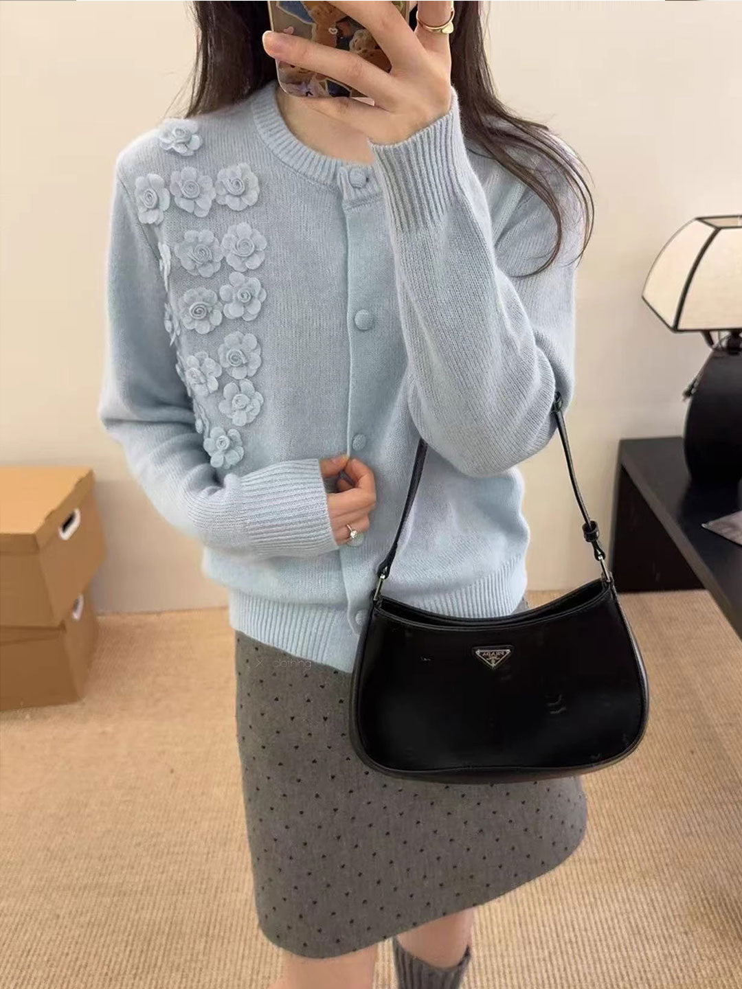 Aubrey Classic Crew Neck Flower Knitted Cardigan