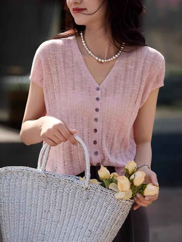 Rachel Classic V-Neck Solid Color Hollowed Knitted Top