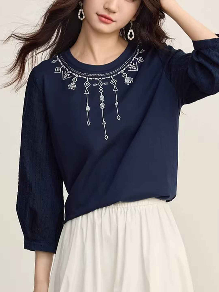 Isabella Loose Crew Neck Embroidered Top