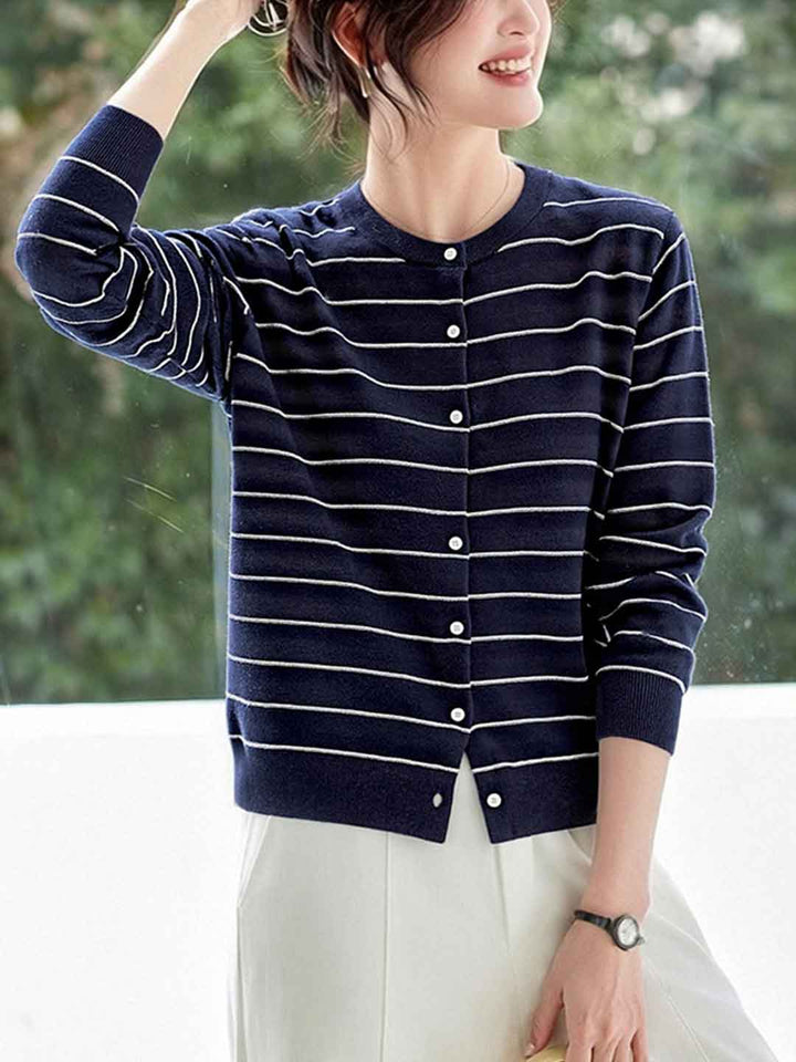 Abigail Classic Crew Neck Striped Knitted Cardigan