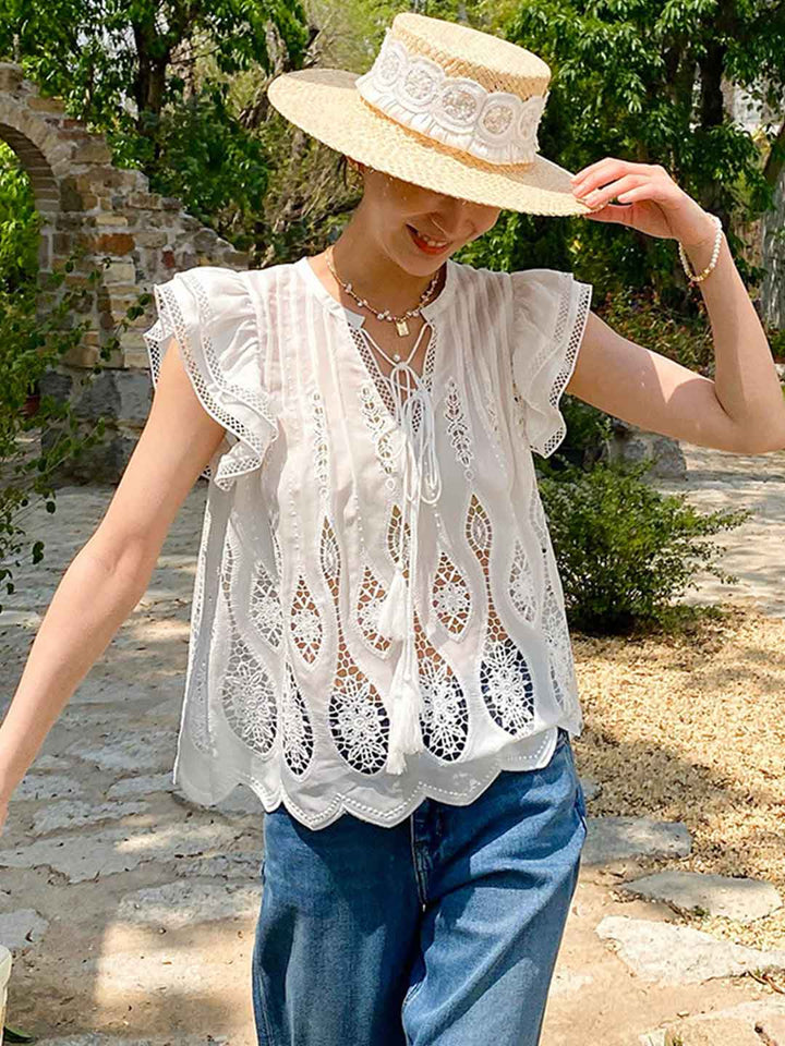 Peyton Vacation V-Neck Hollowed Embroidered Tie Blouse