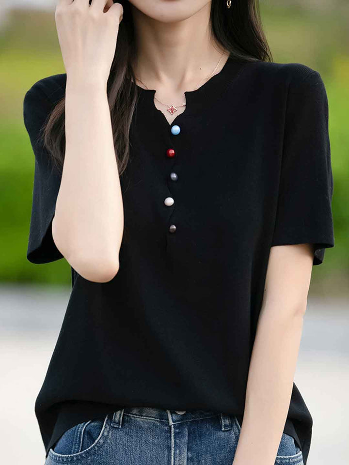 Khloe Classic Crew Neck Colorful Buttons Knitted Top-White