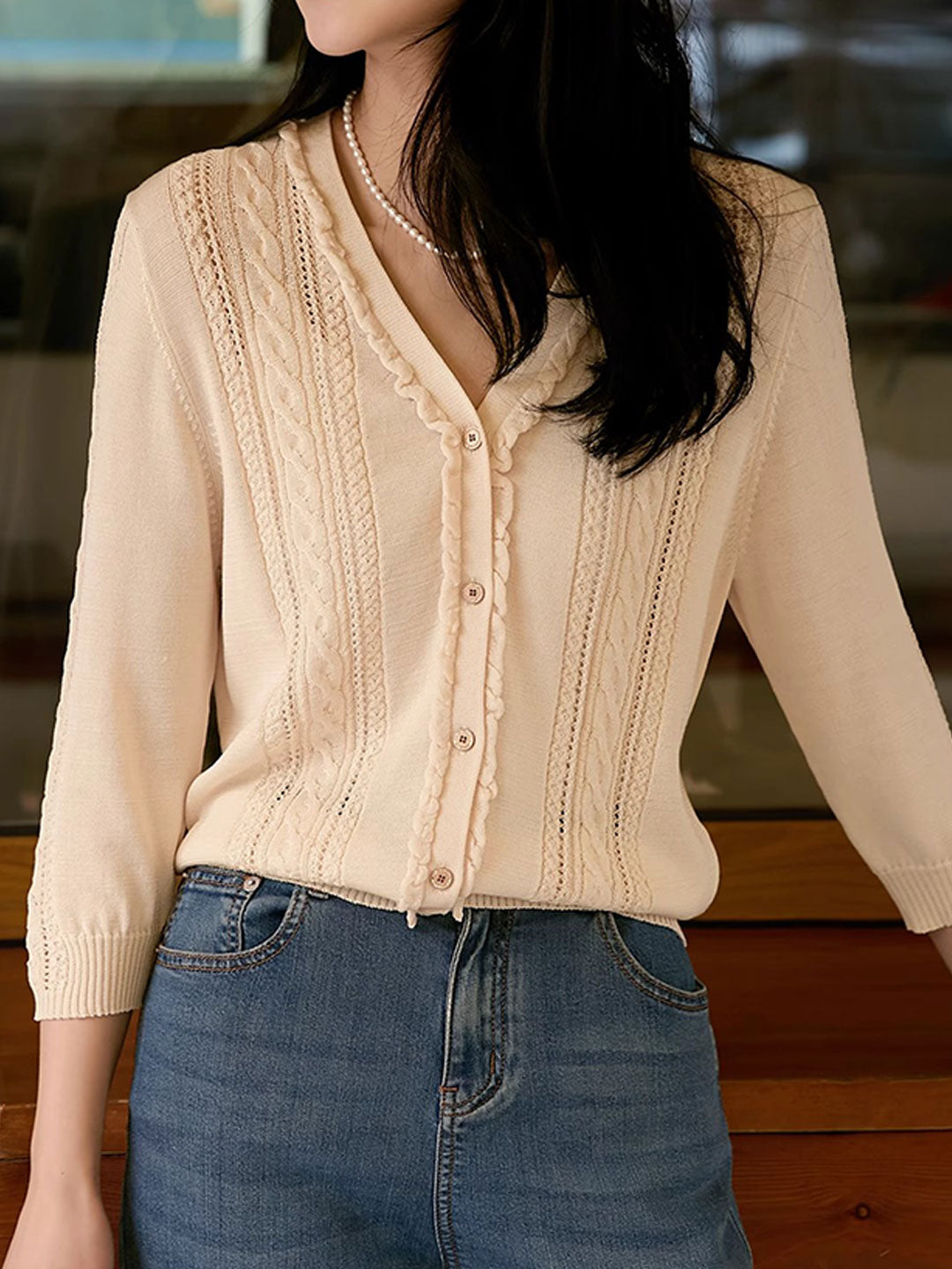 Grace Vintage V-Neck Cable Knitted Cardigan