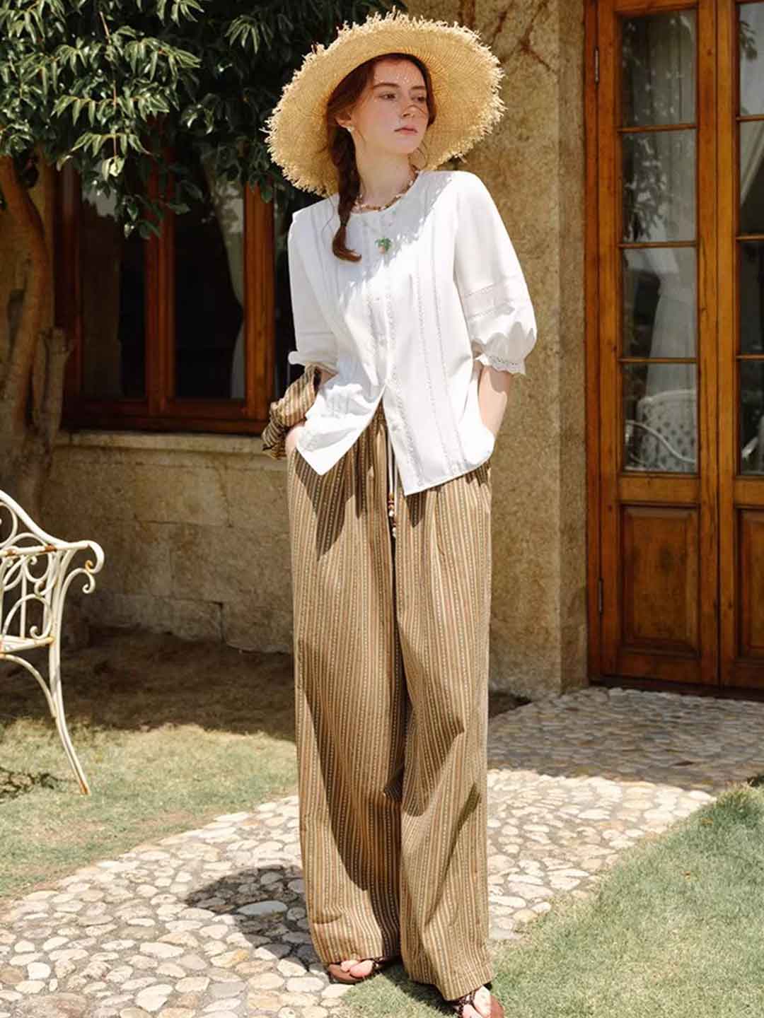 Riley Classic Crew Neck Lantern Sleeve Hollowed Lace Top