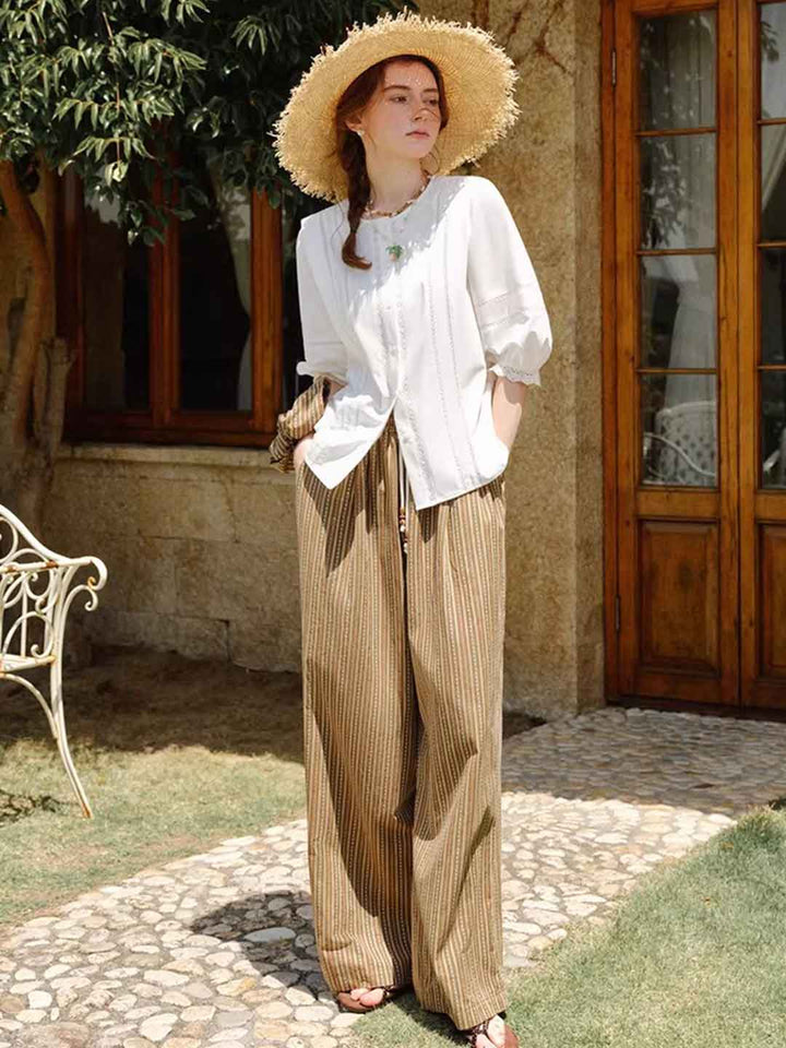 Riley Classic Crew Neck Lantern Sleeve Hollowed Lace Top