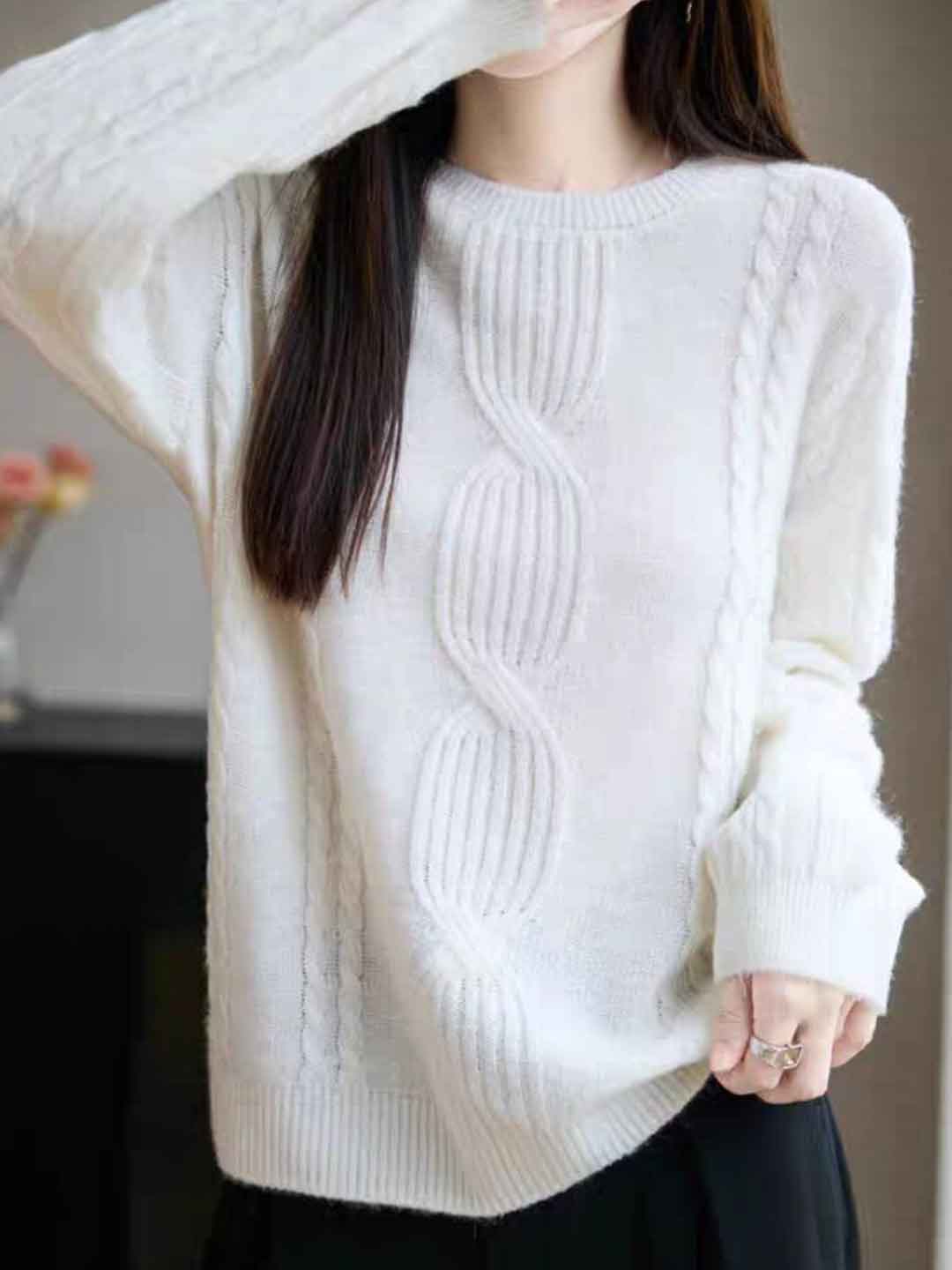 Ariana Casual Crew Neck Cable Knitted Pullover Sweater-White