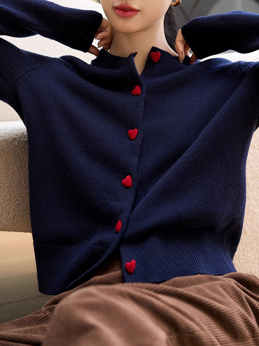 Raya Elegant Crew Neck Heart Button Knitted Cardigan-Navy Blue