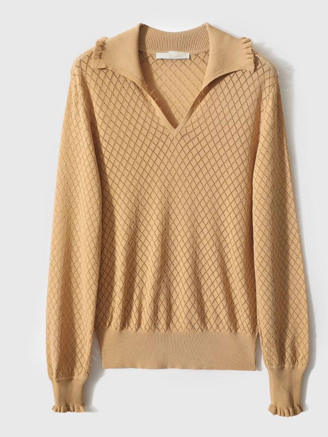 Ashley Classic V-Neck Hollow Solid Color Knitted Top-Camel