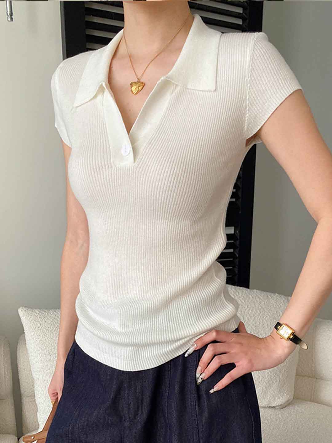 Lily Slim Lapel Solid Color Knitted Top