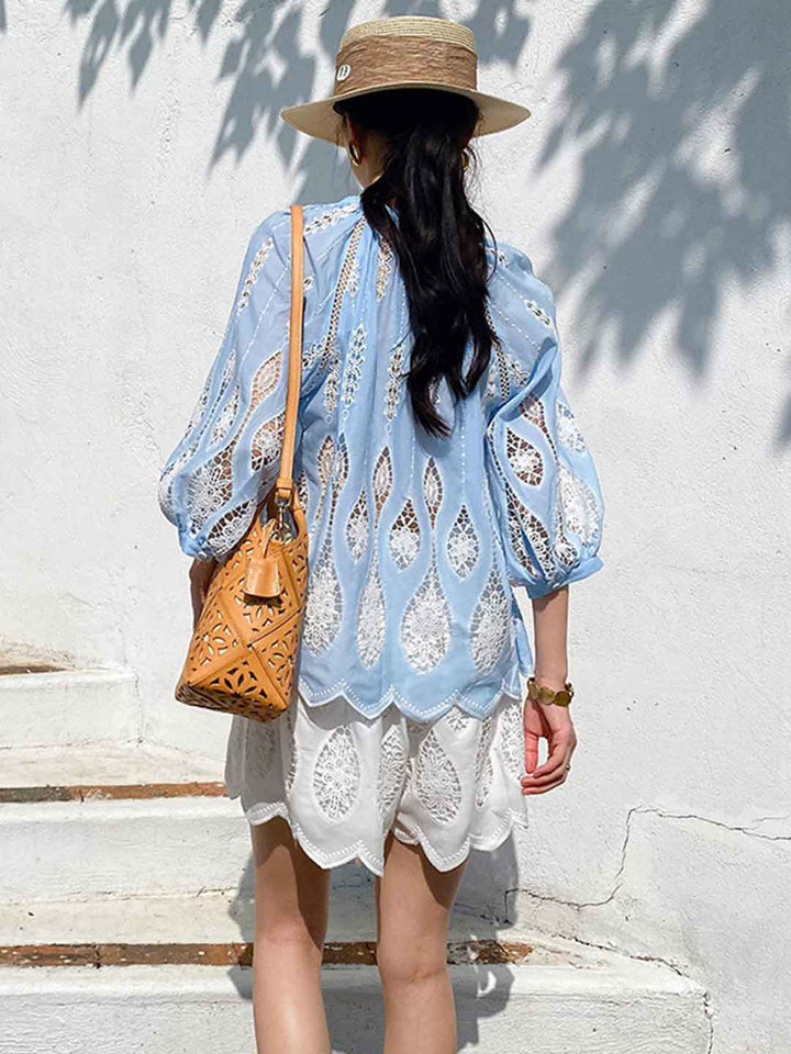Peyton Vacation V-Neck Hollowed Embroidered Tie Blouse