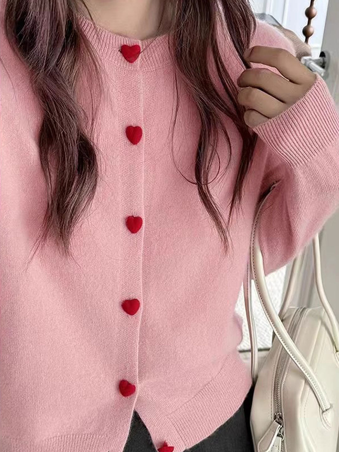 Raya Elegant Crew Neck Heart Button Knitted Cardigan-Pink