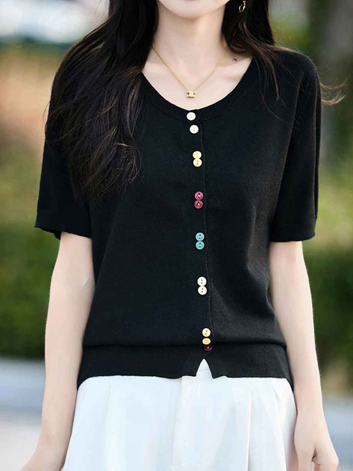Trinity Loose Crew Neck Solid Color Knitted Cardigan