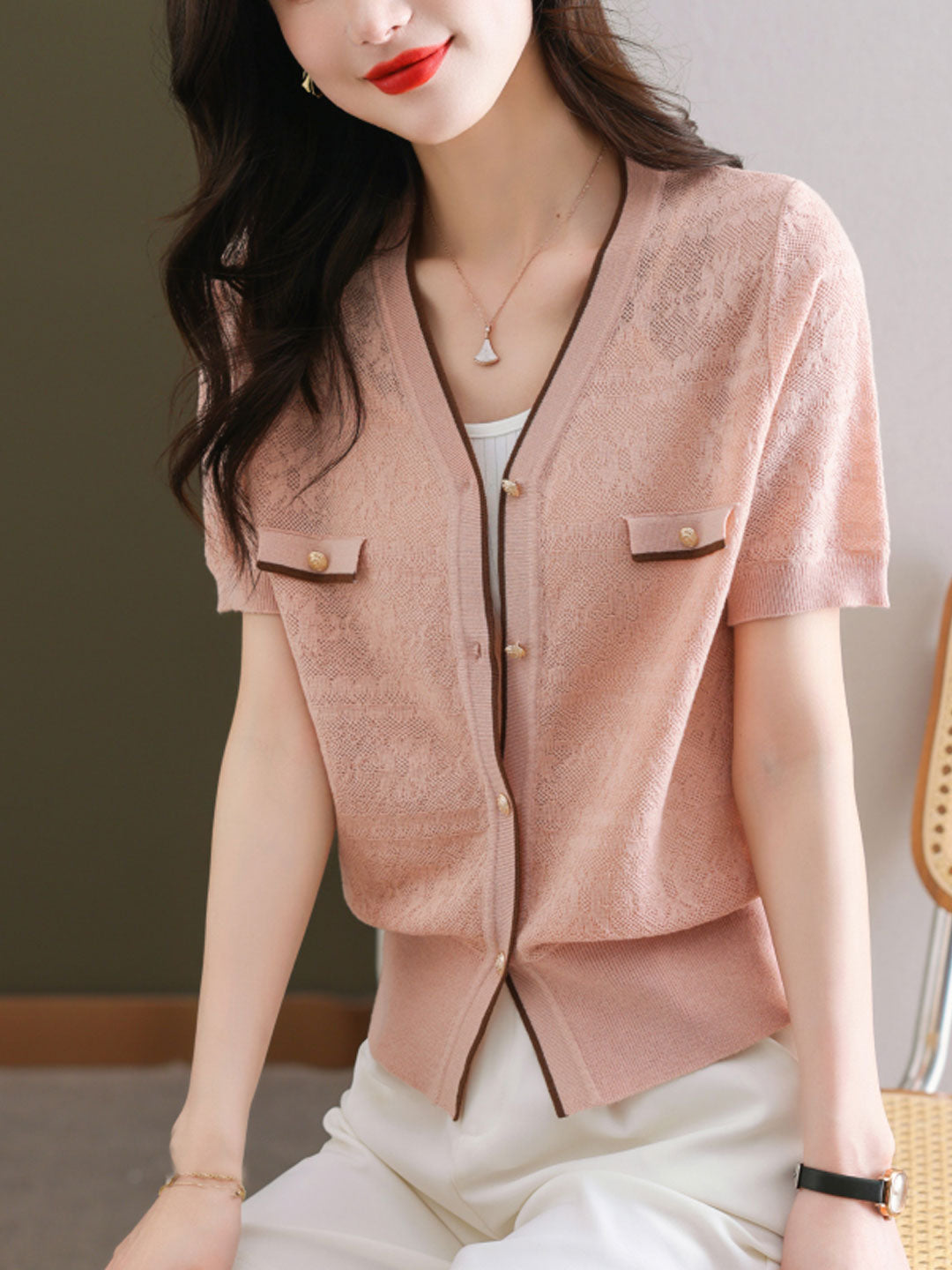 Chloe V-Neck Loose Single-Breasted Knitted Cardigan-White