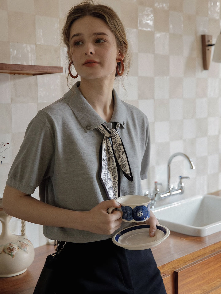 Mia Daily Lapel Solid Color Bow Knitted Top