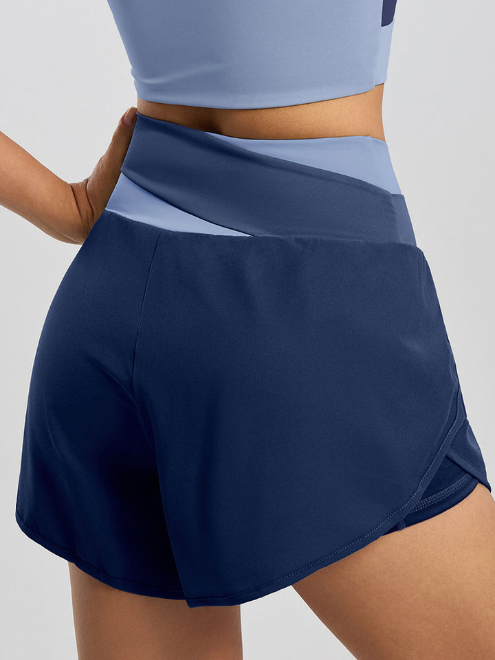 Color-Blocked Mock Two-Piece Yoga Shorts
