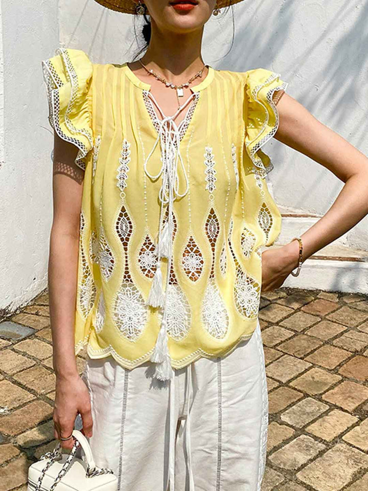 Peyton Vacation V-Neck Hollowed Embroidered Tie Blouse