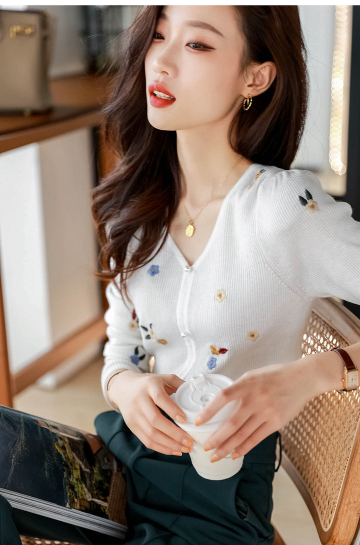 Alena Retro V-Neck Embroidered Sweater