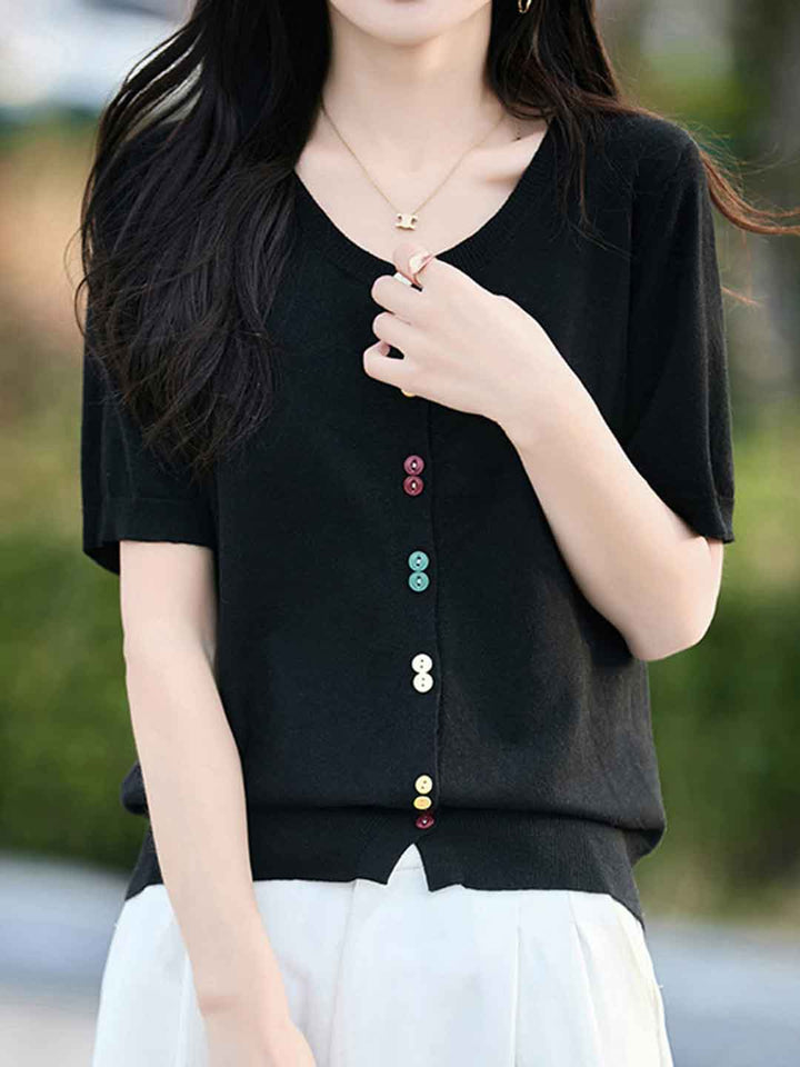 Trinity Loose Crew Neck Solid Color Knitted Cardigan