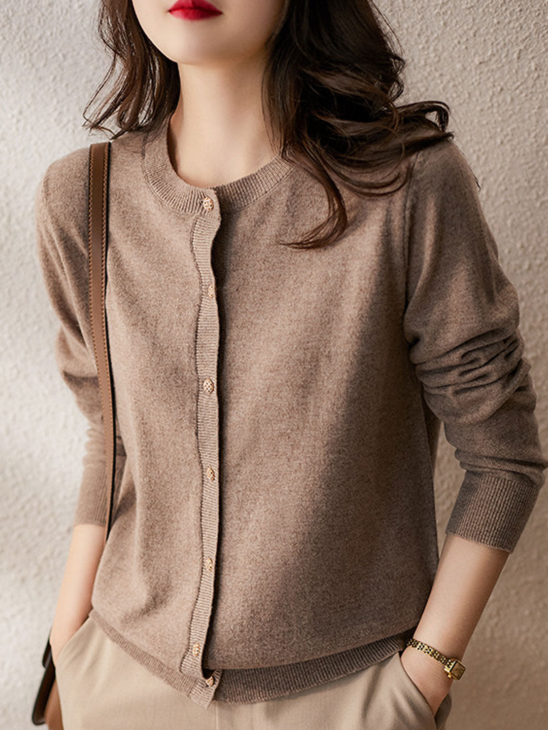 Sophia Classic Crew Neck Solid Color Knitted Cardigan-Royal Blue