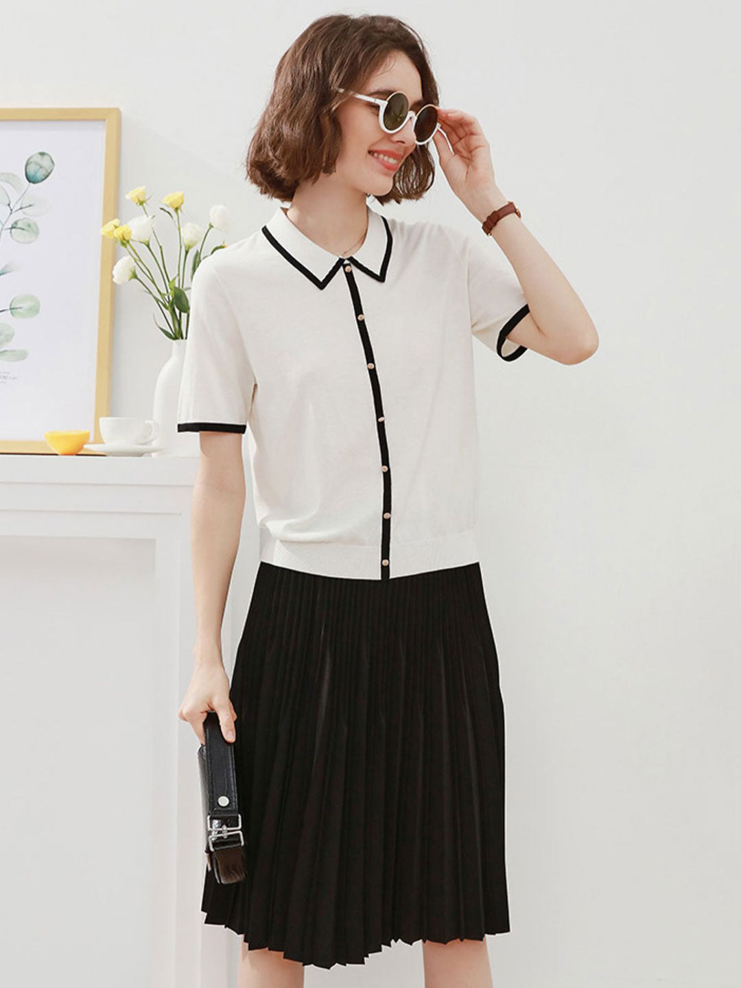 Ava Classic Contrast Lapel Knitted Top-White