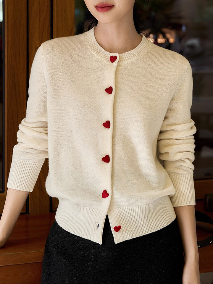 Raya Elegant Crew Neck Heart Button Knitted Cardigan-Navy Blue