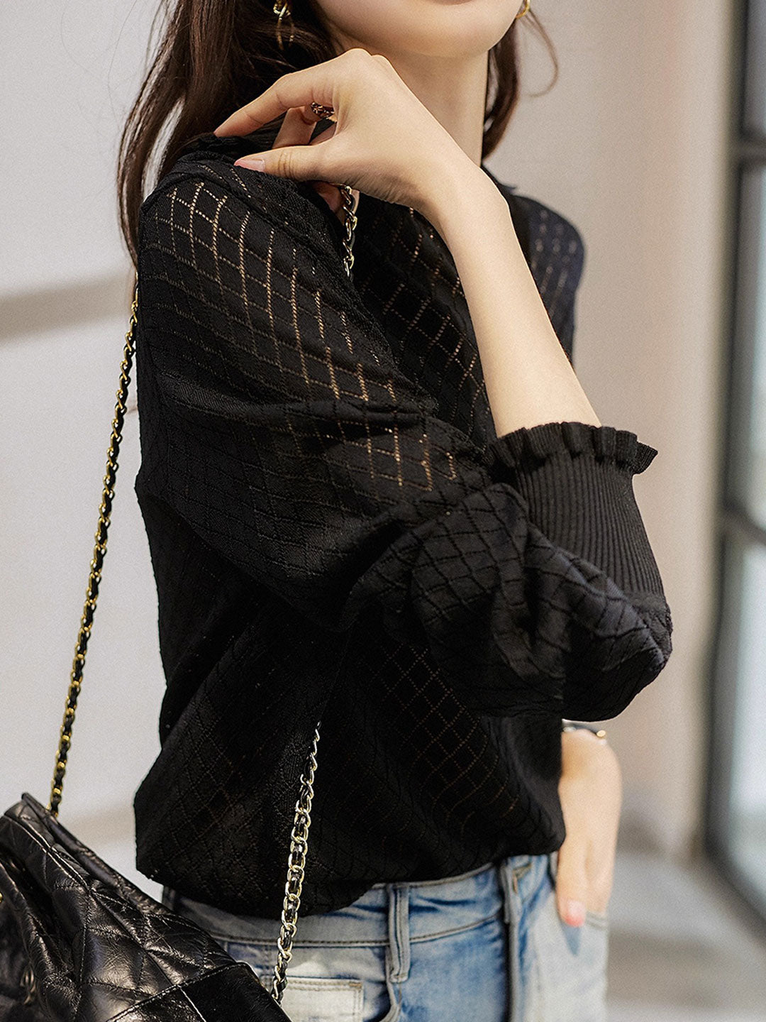 Ashley Classic V-Neck Hollow Solid Color Knitted Top-Black