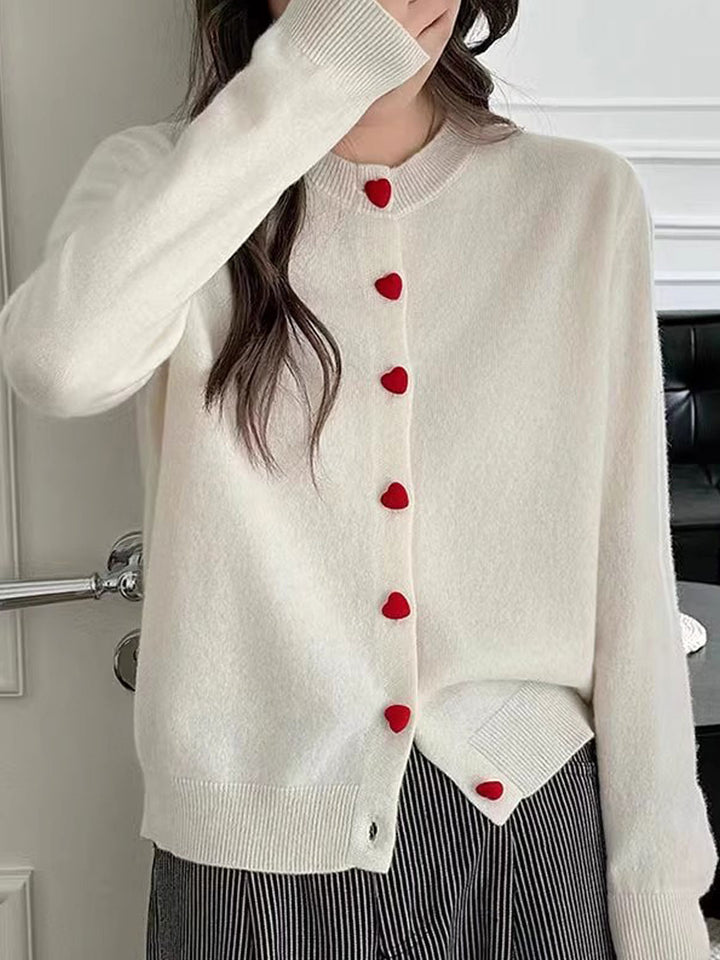 Raya Elegant Crew Neck Heart Button Knitted Cardigan