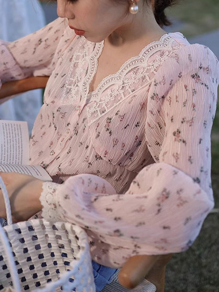 Lydia Retro V-Neck Lace Floral Chiffon Blouse