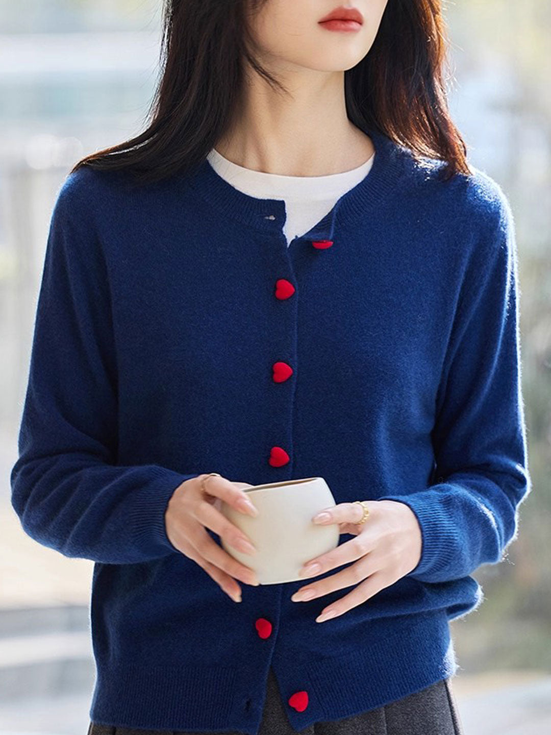 Raya Elegant Crew Neck Heart Button Knitted Cardigan-Pink