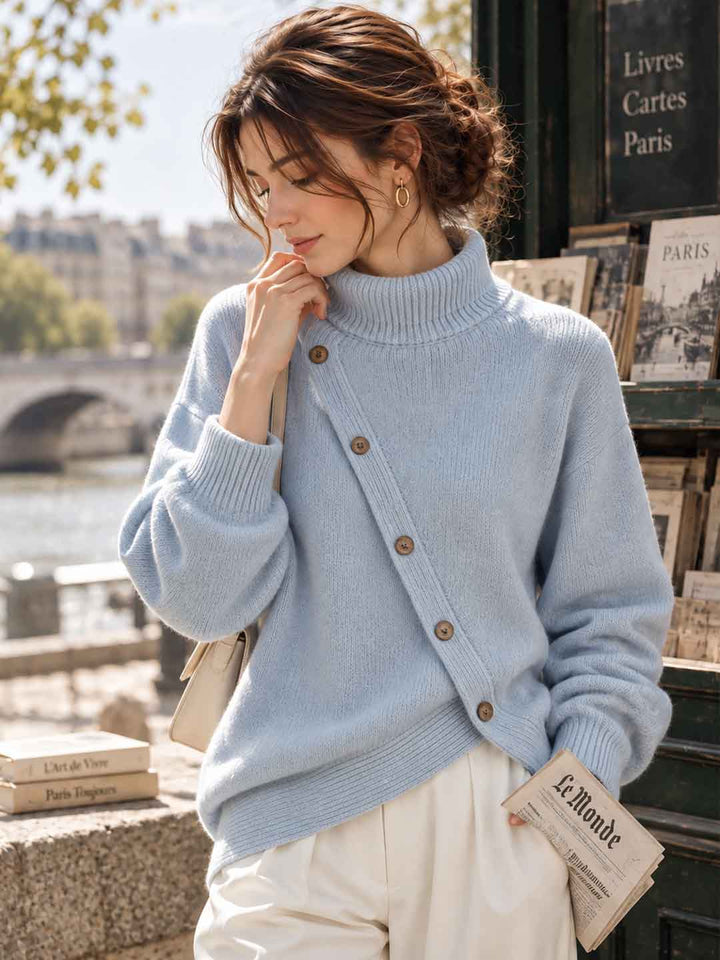 New High-neck Button-detail Sweater