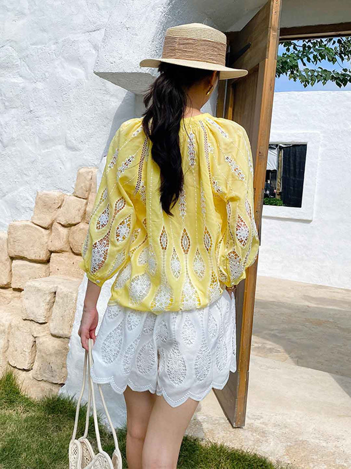 Peyton Vacation V-Neck Hollowed Embroidered Tie Blouse