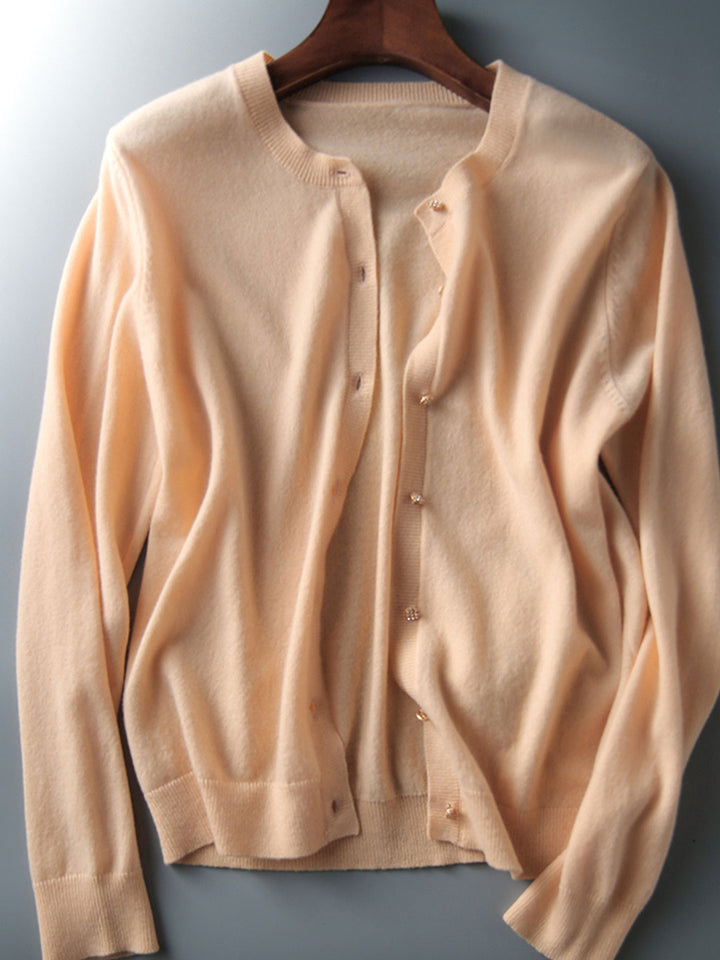 Sophia Classic Crew Neck Solid Color Knitted Cardigan-Light Pink
