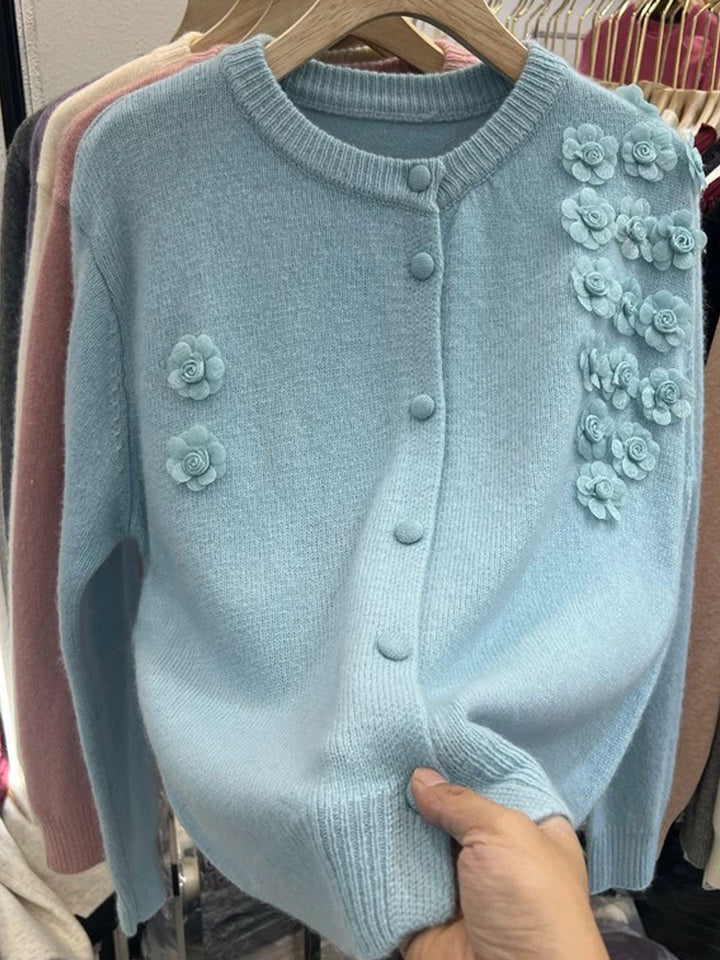 Aubrey Classic Crew Neck Flower Knitted Cardigan