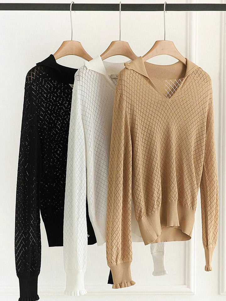 Ashley Classic V-Neck Hollow Solid Color Knitted Top-Camel