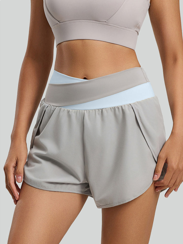 Color-Blocked Mock Two-Piece Yoga Shorts