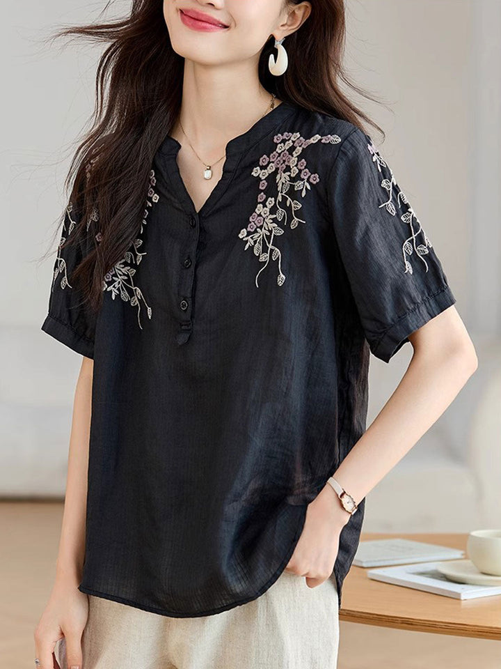 Sarah Classic V-Neck Embroidered Printed Top