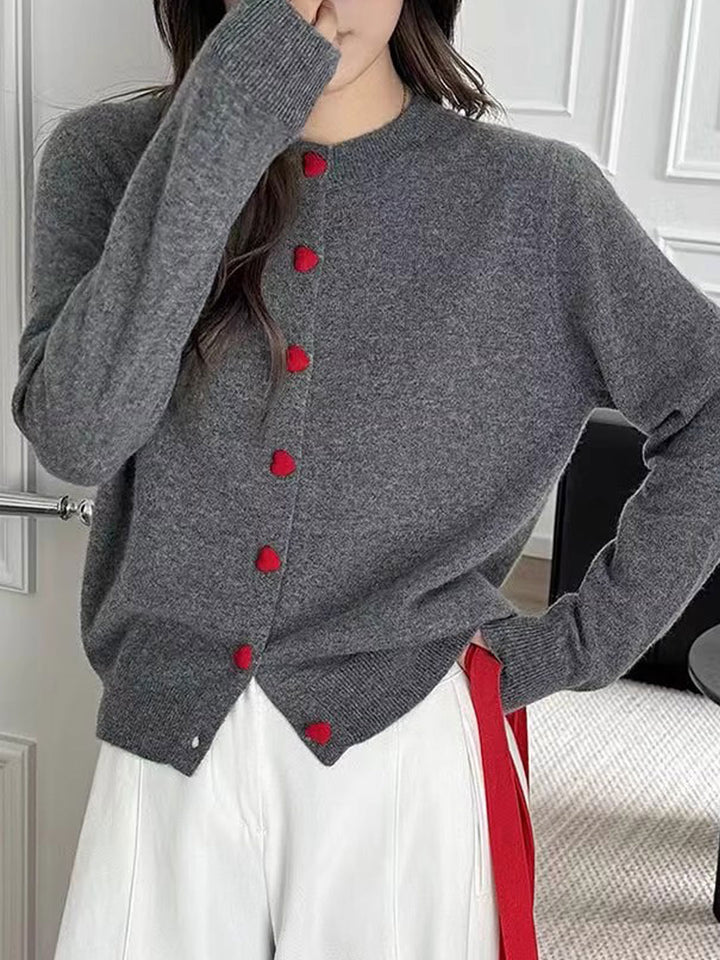 Raya Elegant Crew Neck Heart Button Knitted Cardigan