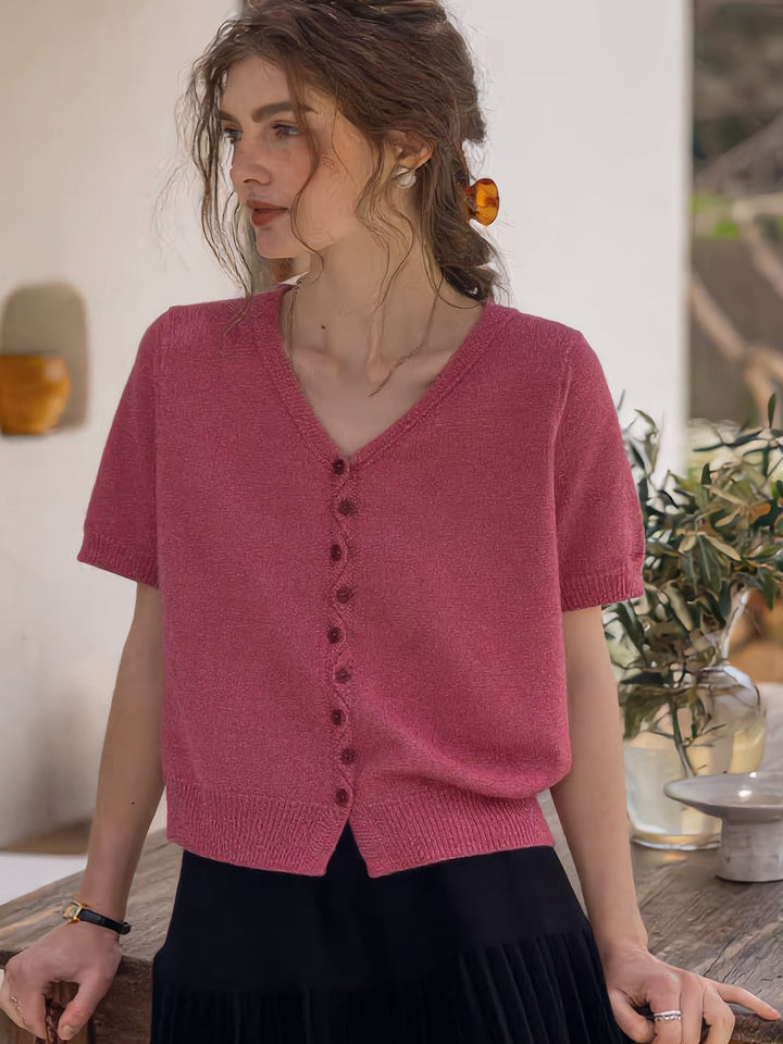 Chloe Casual V-Neck Buttons Solid Color Knitted Top