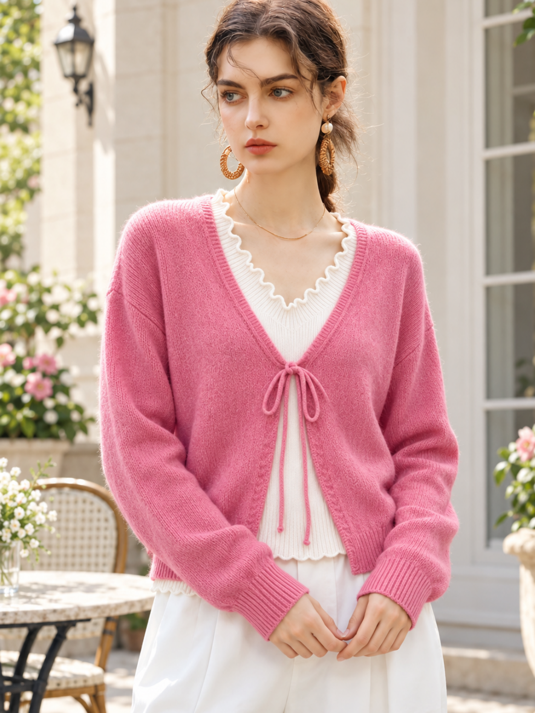 Faux-layered V-neck Knit Top